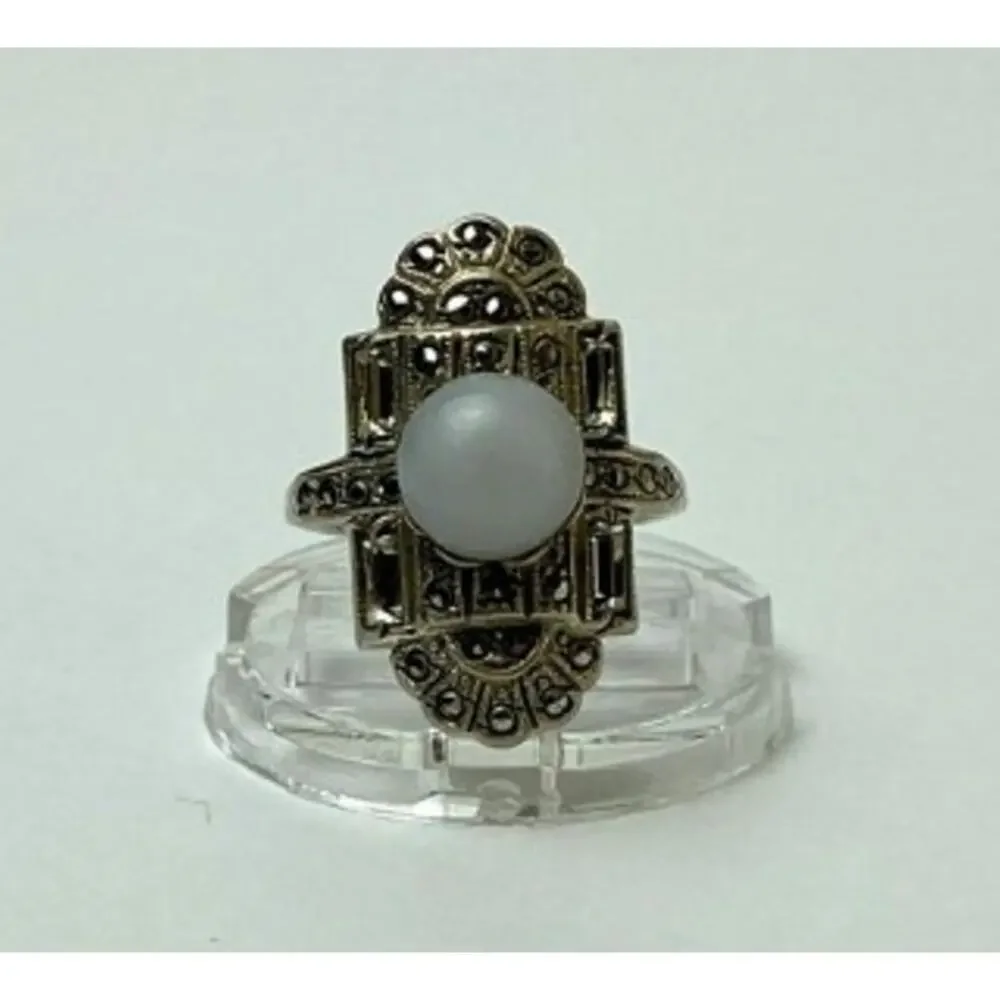 Vintage 925 Sterling Silver Agate, Goshenite & Marcasites Ring Size 5.5
